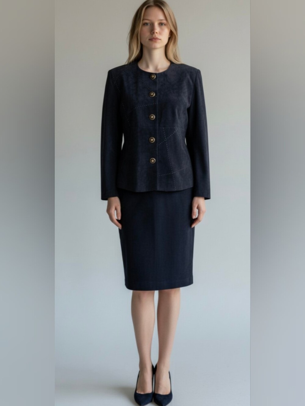 NWT! LESLIE FAY! SMOOTH BLACK MICRO SUEDE, GOLD DETAILED SKIRT SUIT, SET! SZ 16P